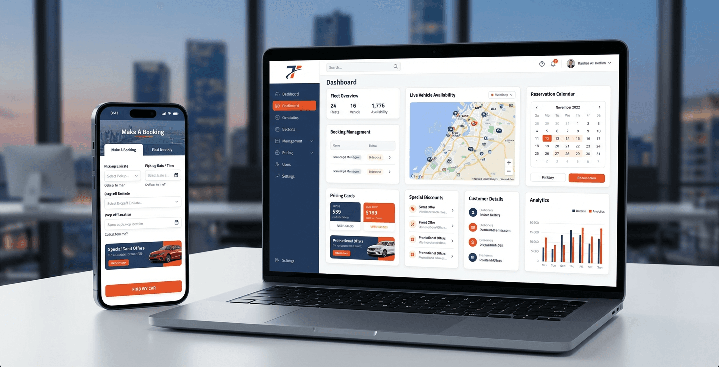 Trasealla car rental platform features — multi-branch fleet management and booking analytics
