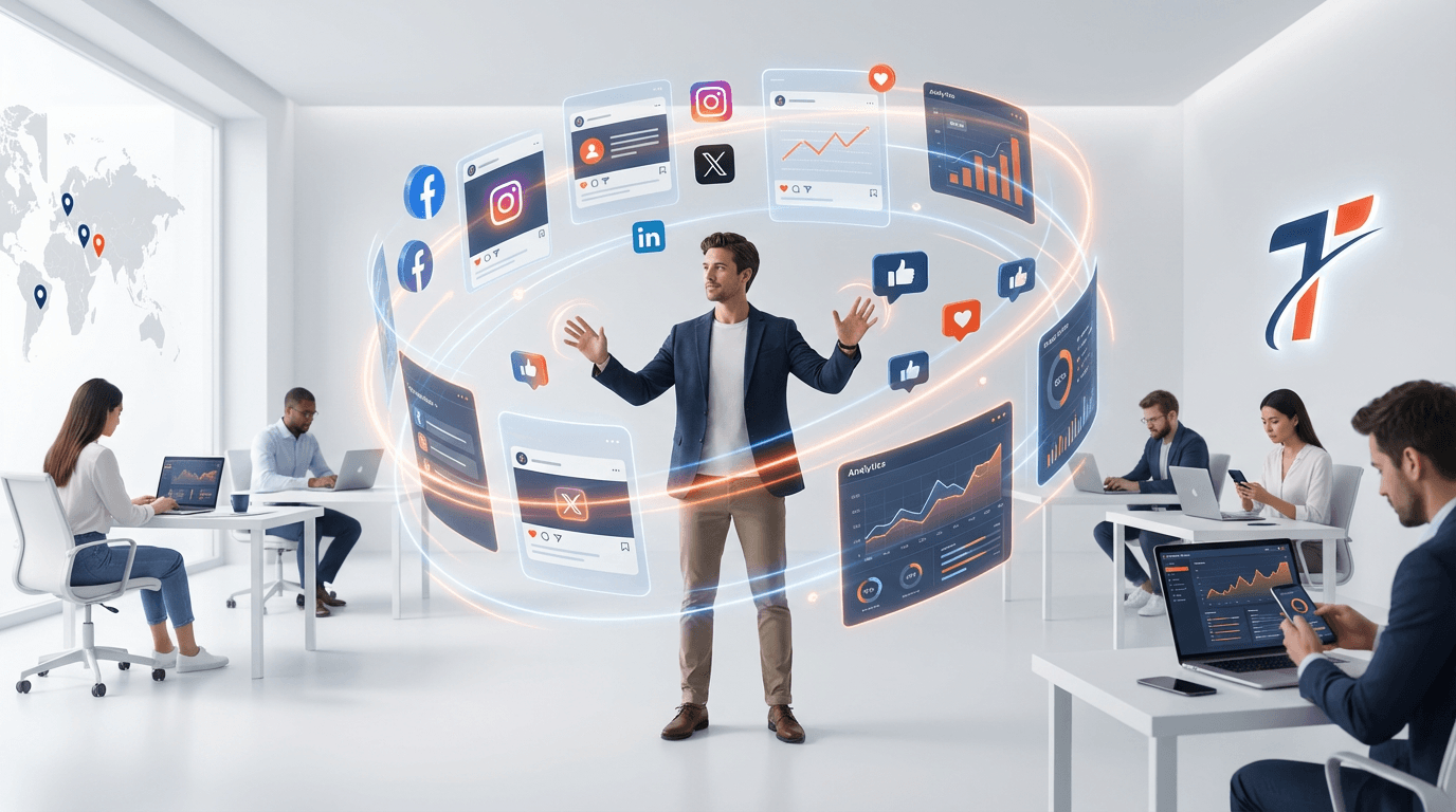 Digital marketing analytics dashboard showing campaign performance, SEO rankings, social media engagement, and ROI metrics