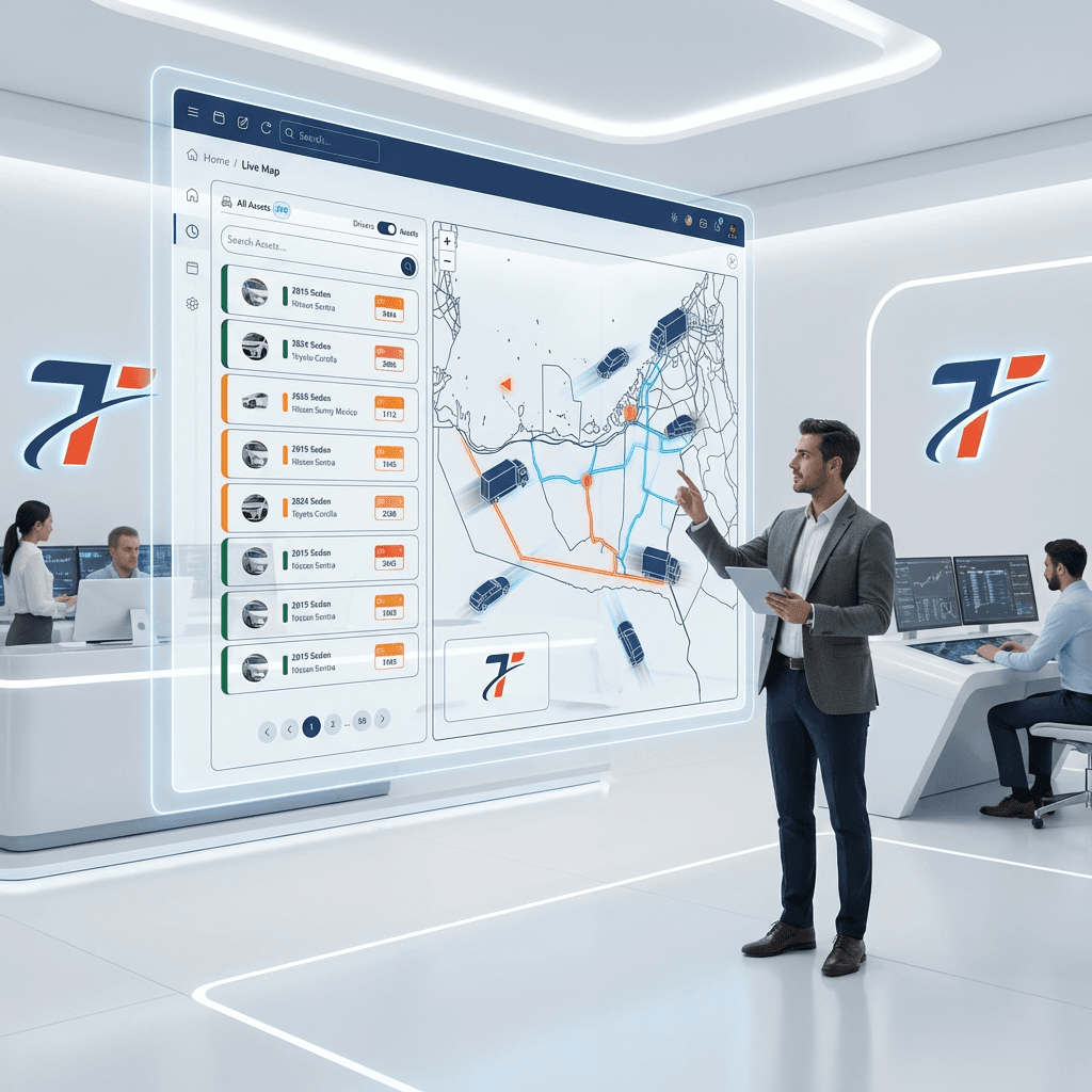 Trasealla fleet management live map dashboard showing real-time GPS tracking of 390 vehicles across UAE with vehicle status monitoring and smart mobility analytics