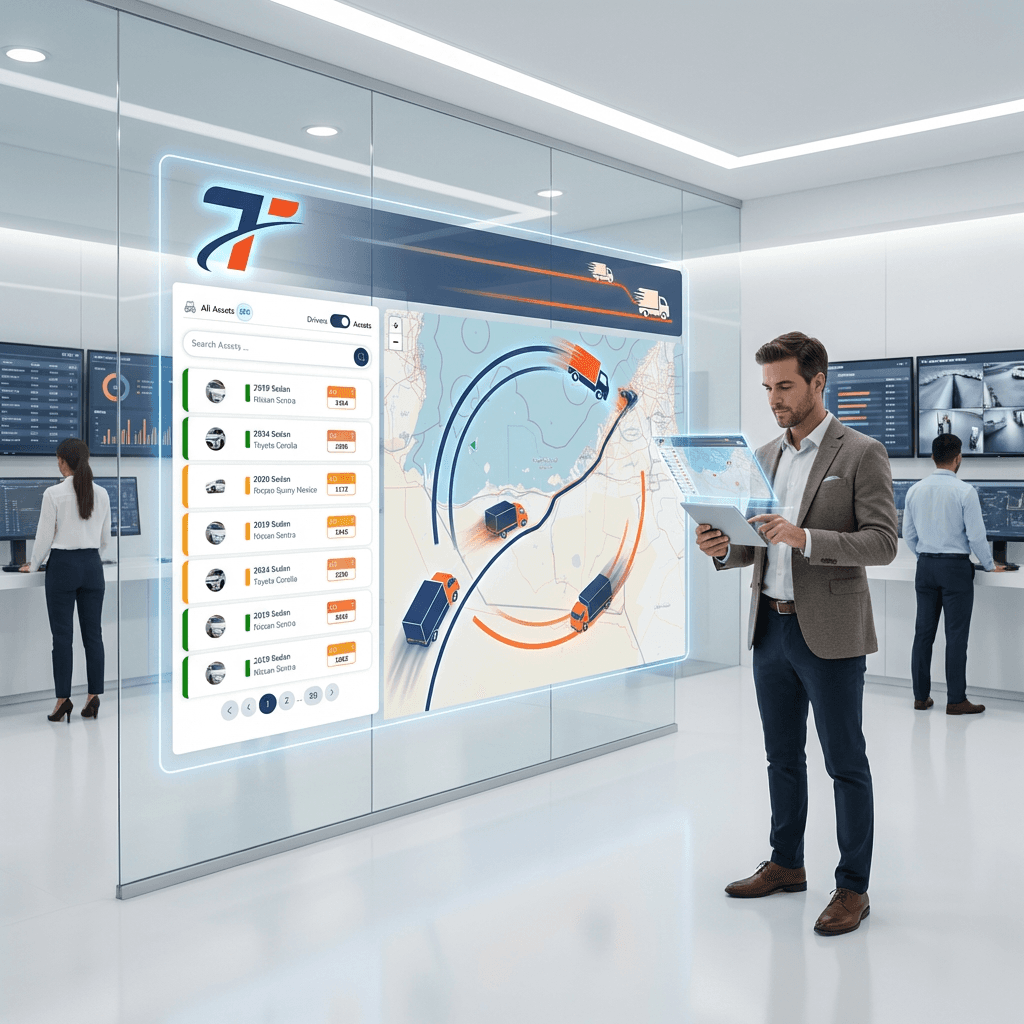 Fleet vehicle list with status indicators, driver assignments, and real-time location data for mobility management