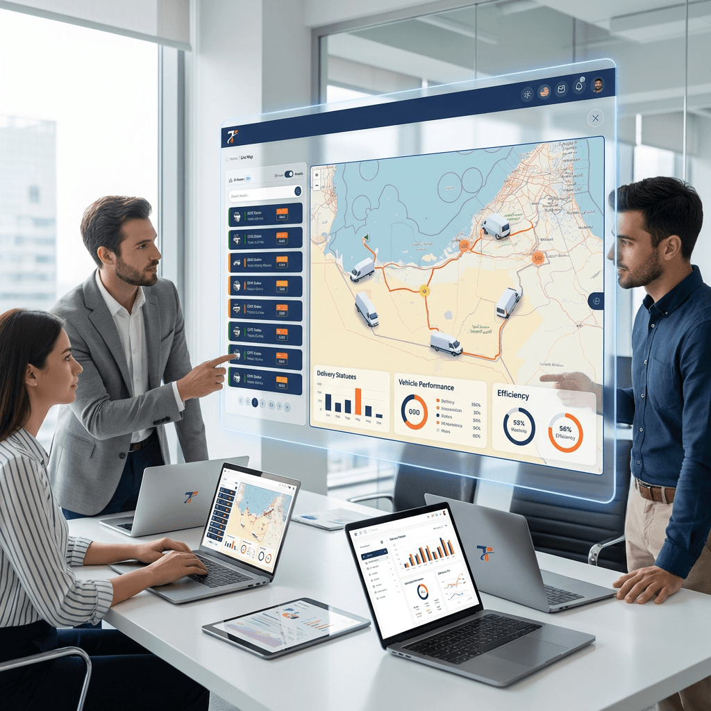 Fleet analytics dashboard showing utilization rates, fuel consumption trends, and smart mobility KPI metrics