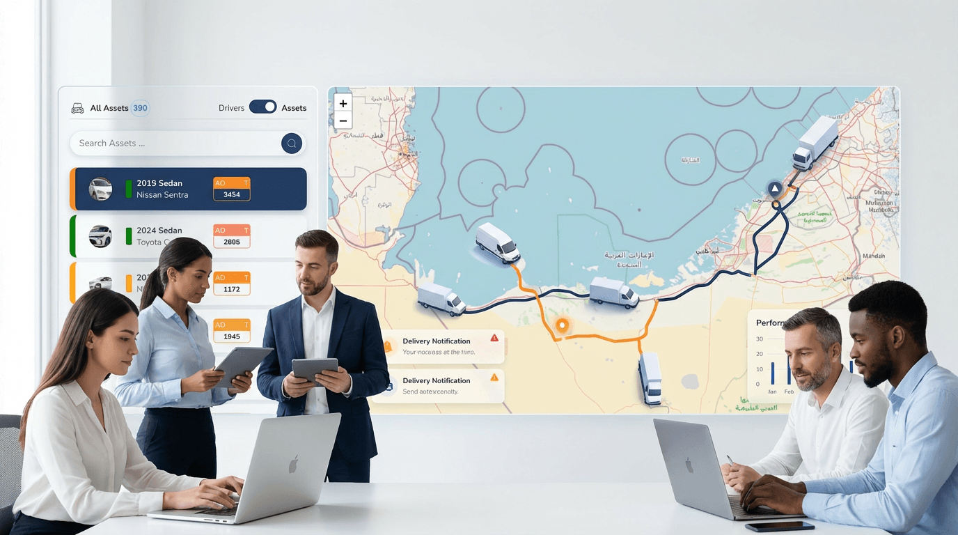 Fleet management command center showing real-time vehicle tracking, AI route optimization, mobility analytics, and operational dashboards