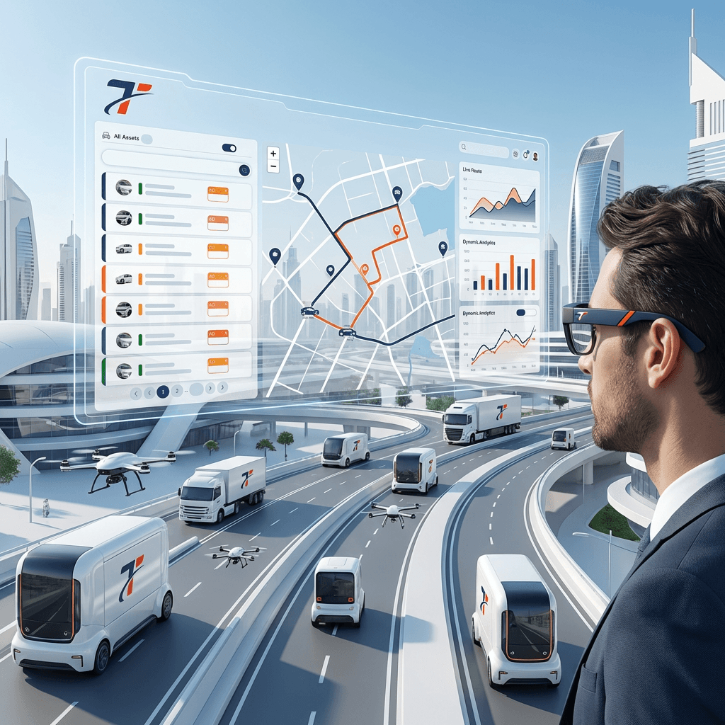 Fleet operator using Trasealla platform on tablet to monitor real-time vehicle locations, routes, and delivery status
