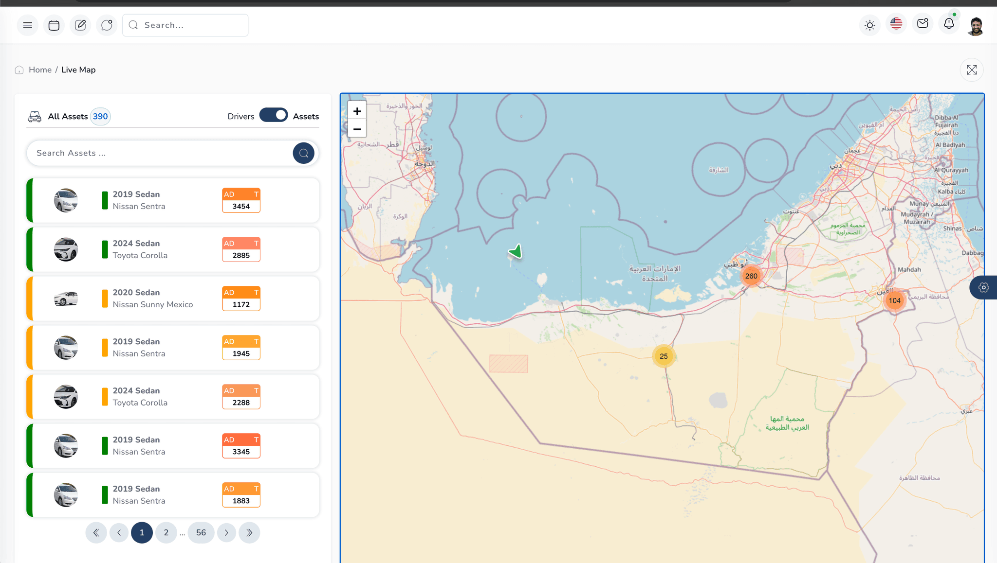 Trasealla fleet management live map dashboard — real-time GPS tracking of 390 vehicles across UAE with vehicle status, search, and monitoring
