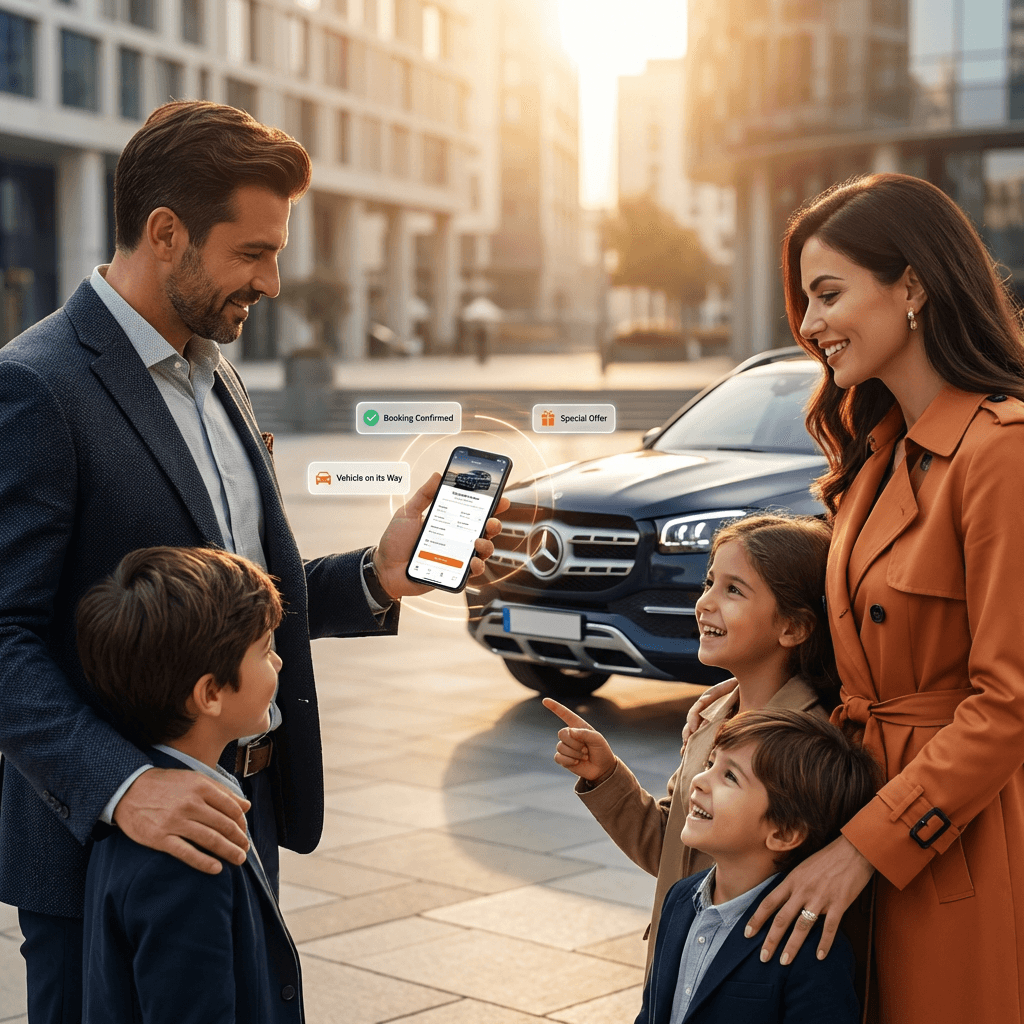 Family completing a car rental booking through Trasealla platform — seamless online reservation experience