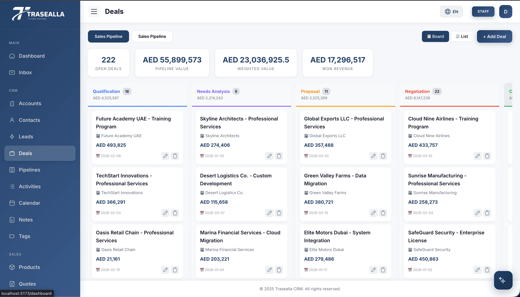 Trasealla CRM Deals — Kanban pipeline with drag-and-drop deal stages and probability tracking