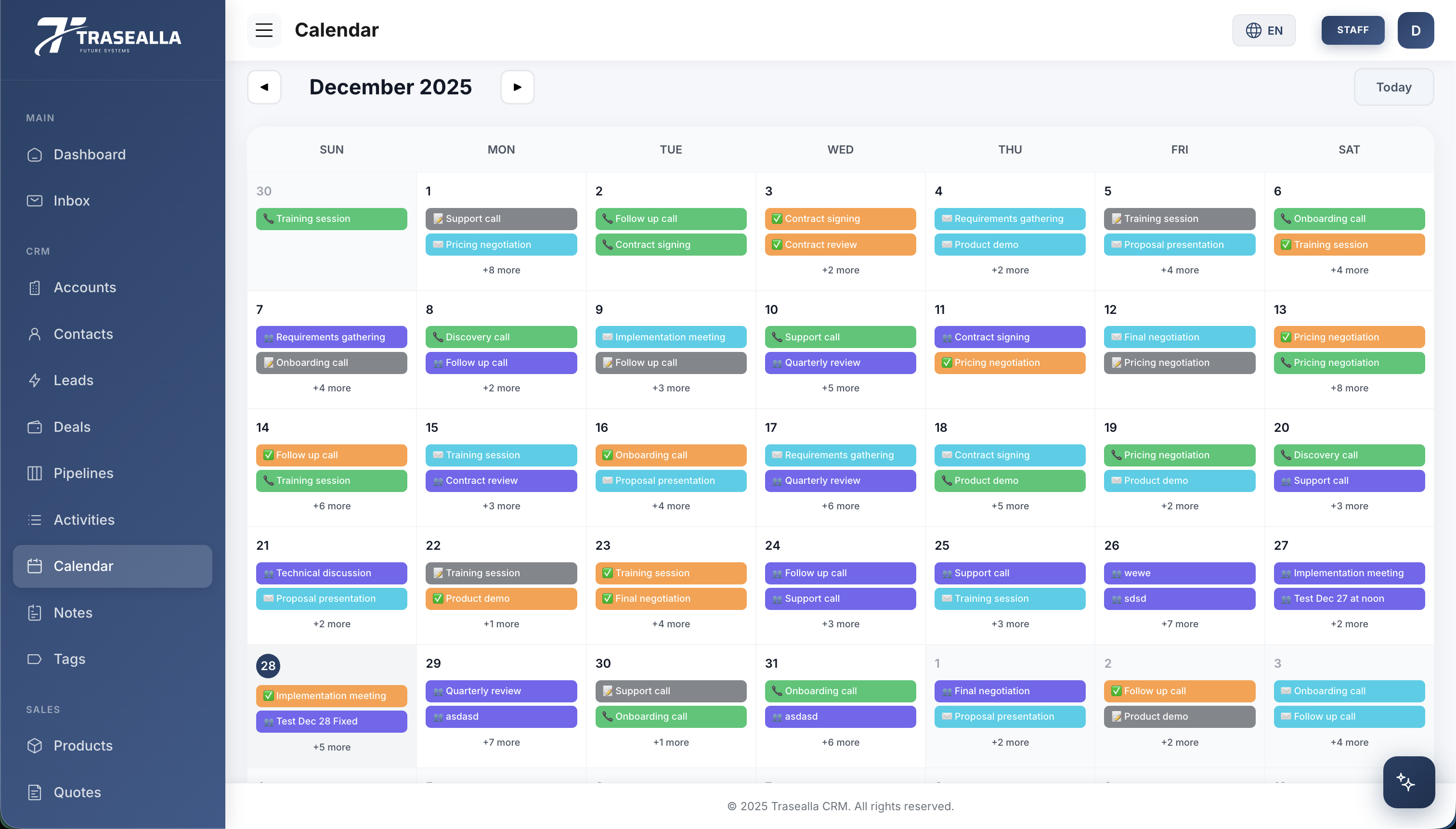 Trasealla CRM Calendar - Activity scheduling with color-coded events for calls, meetings, and follow-ups